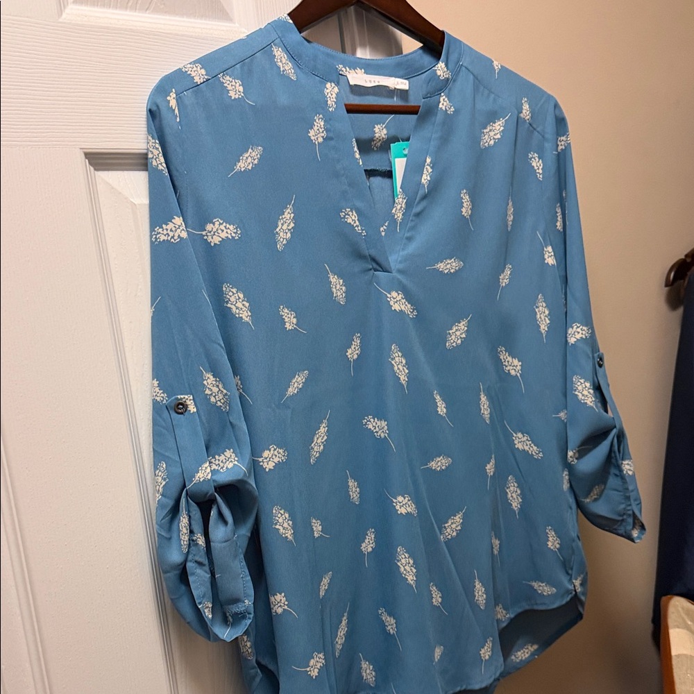 Lush Light Blue Blouse with White Leaf Pattern